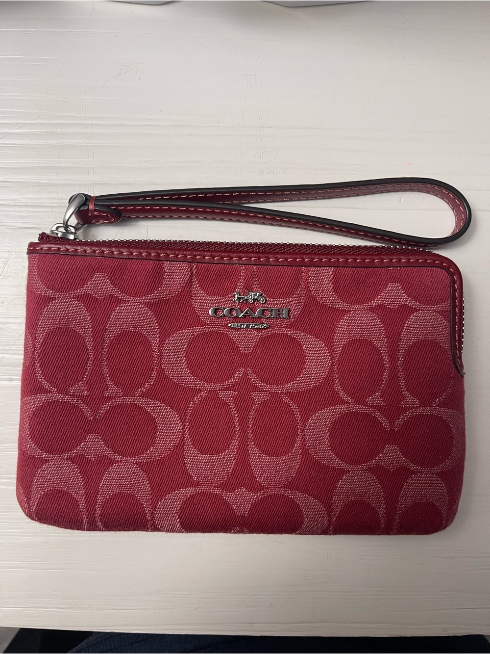 Coach Red Signature Canvas Wristlet with Silver Logo